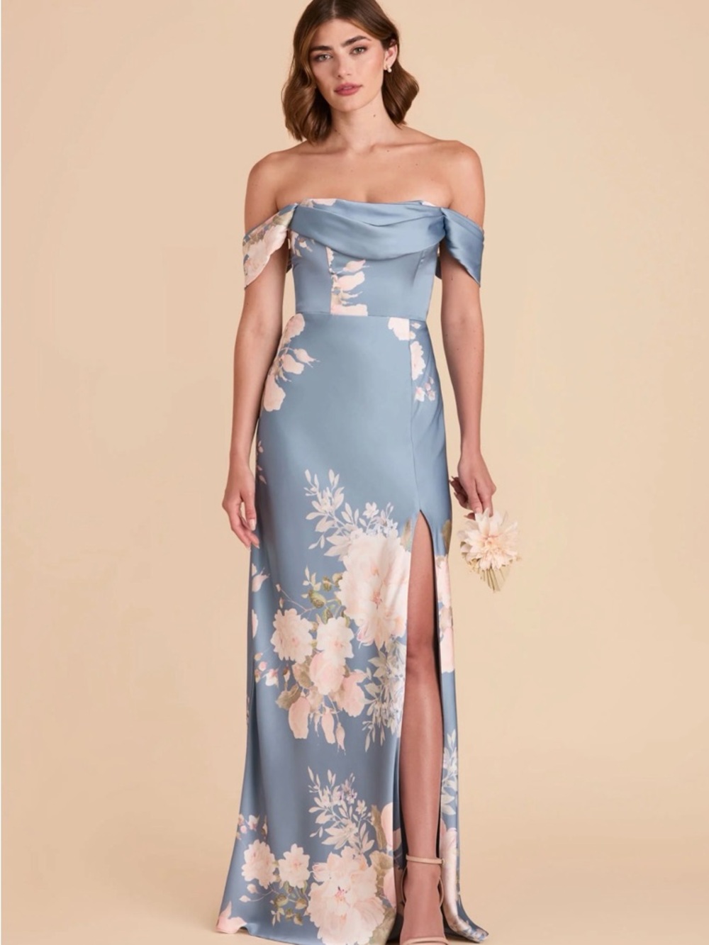 Birdy Grey Mia Dusty Blue Floral Off-Shoulder Satin Maxi Dress